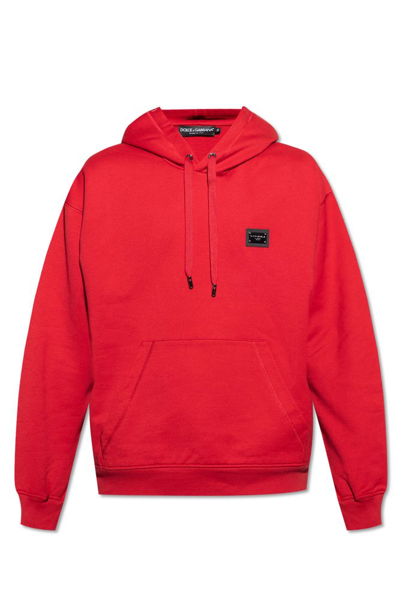 Dolce & Gabbana Logo Plaque Drawstring Hoodie In Red