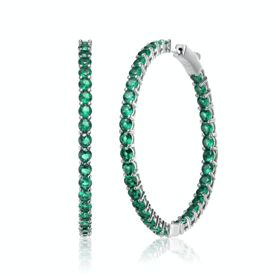 Rachel Glauber Rg White Gold Plated With Emerald Cubic Zirconia Inside-out Round Hoop Earrings In Green