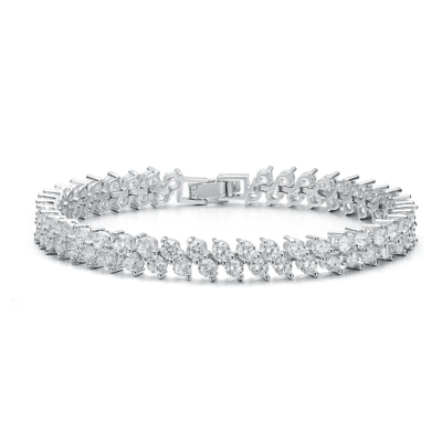 Genevive Sterling Silver With Diamond Cubic Zirconia 2-stone Cluster Link Tennis Bracelet In White