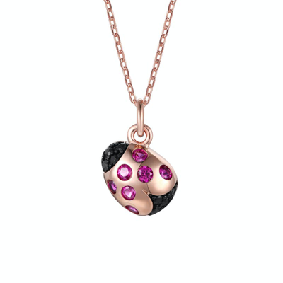 Rachel Glauber Children's 18k Rose Gold Plated With Ruby & Black Diamond Cubic Zirconia Ladybug Pend In Pink