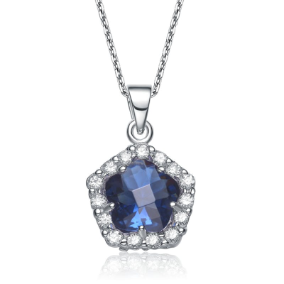 Genevive Sterling Silver White Gold Plated Sapphire Cubic Zirconia Flower Shape Drop Pendant Necklace In Blue