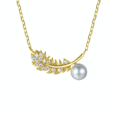 Rachel Glauber 14k Plated 5mm Pearl Cz Leaf Necklace In Gold
