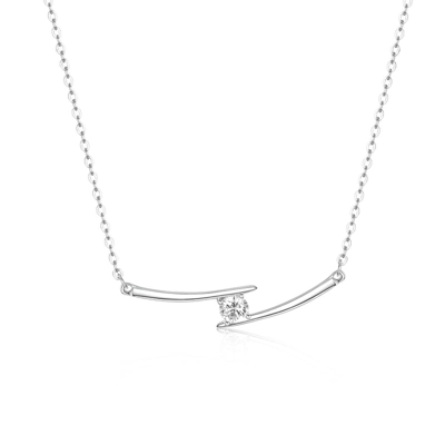 Genevive Sterling Silver With Diamond Cubic Zirconia Solitaire Double Bar Pendant Necklace In White