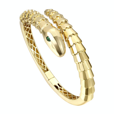 Rachel Glauber 14k Gold Plated With Emerald Cubic Zirconia Textured Coiled Serpent Bypass Bangle Bra In Green