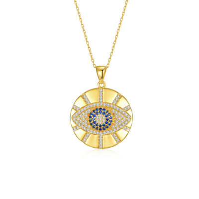Genevive 14k Gold Plated With Blue, Yellow & White Diamond-like Cubic Zirconia Evil Eye Light Rays Medallion