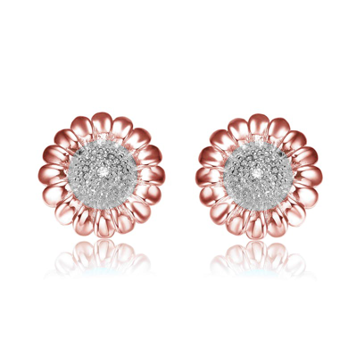 Genevive Sterling Sivler 18k Rose Gold Plated With Diamond Cubic Zirconia Pave Flower Stud Earrings In Pink