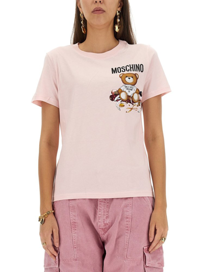 Moschino Logo Printed Crewneck T In Pink