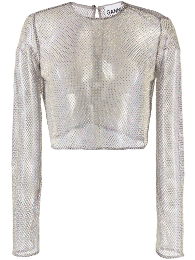 Ganni Embellished Mesh Blouse In Grey