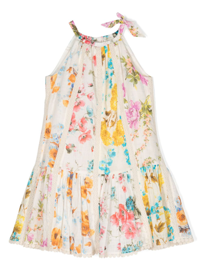 Zimmermann Kids' Embroidered-design Floral-print Dress In Neutrals