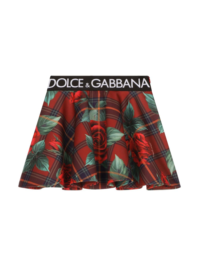 Dolce & Gabbana Kids' Logo玫瑰印花棉质府绸半身裙 In Red