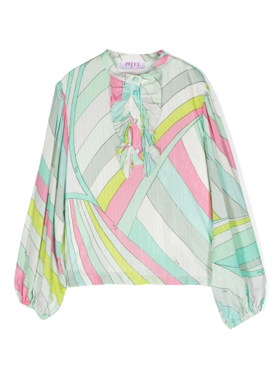 Pucci Junior Kids' Abstract-pattern Ruffle-trim Blouse In Green
