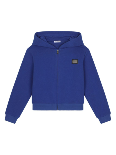 Dolce & Gabbana Kids' Logo-plaque Zip-up Cotton Hoodie In Blue