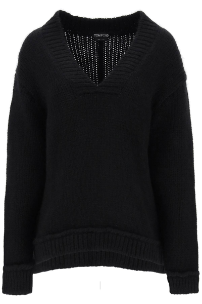 Tom Ford Alpaca Blend Knit V Neck Sweater In Black