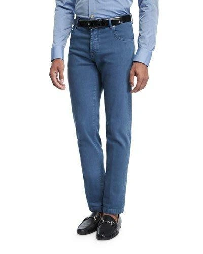 Kiton Washed Stretch-denim Straight-leg Jeans In Blue