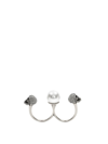 Alexander Mcqueen Maxi Beaded Double Ring With Skull Embellished Rhinestones In Silver