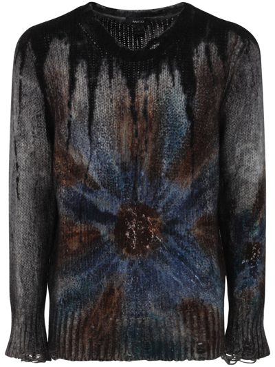 Avant Toi Liquid Art Effect Round Neck Pullover With Destroyed Edges In Blue