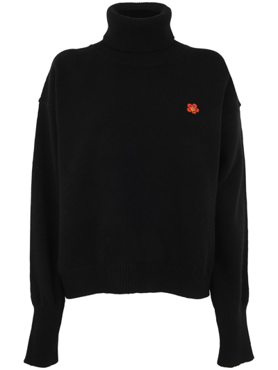 Kenzo Flower Embroidered High Neck Jumper In Black