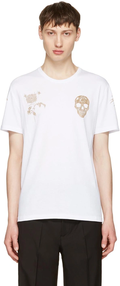 Alexander Mcqueen Skull And Rose-print Cotton T-shirt In Bianco