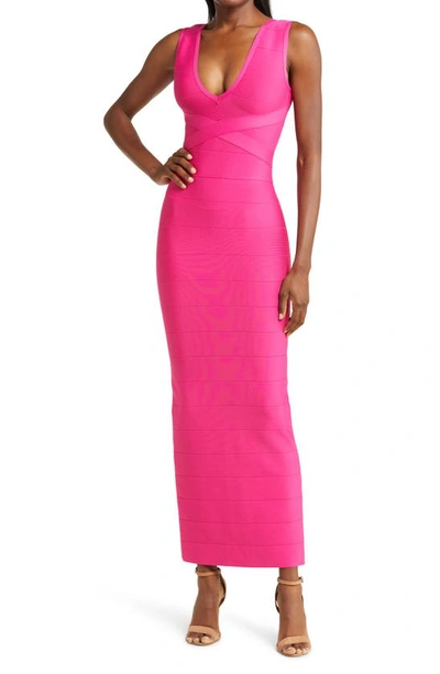 Bebe Bandage-textured V-neck Evening Gown In Fuchsia