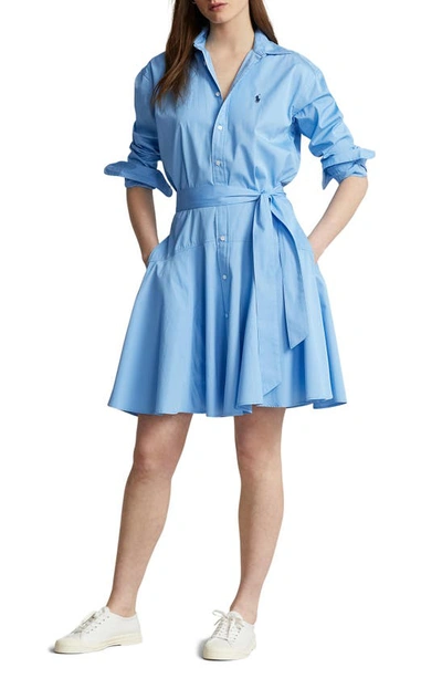 Polo Ralph Lauren Icon Logo Belted Poplin Shirt Dress In Light Blue