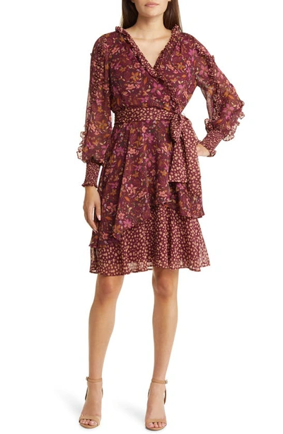 Tahari Asl Mixed Floral Print Long Sleeve Chiffon Dress In Burgundy