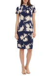 Maggy London Floral Twist Neck Sheath Dress In Blue