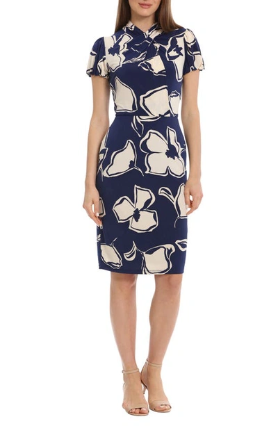Maggy London Floral Twist Neck Sheath Dress In Navy/ Cream