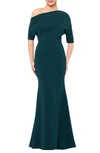 BETSY & ADAM ONE-SHOULDER CREPE SCUBA TRUMPET GOWN