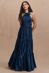 Mac Duggal Tiered Ruffle Halter Gown In Blue