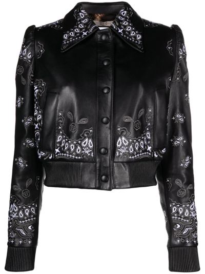 Philipp Plein Embroidered Leather Jacket In Black
