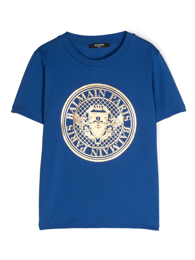Balmain Kids' Logo-print Cotton T-shirt In Blue