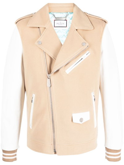 Philipp Plein Leather Biker Jacket In Neutrals