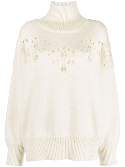 Chloé Pointelle-knit Wool Turtleneck Sweater In White