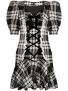 ALESSANDRA RICH PLAID-CHECK LACE-UP DRESS