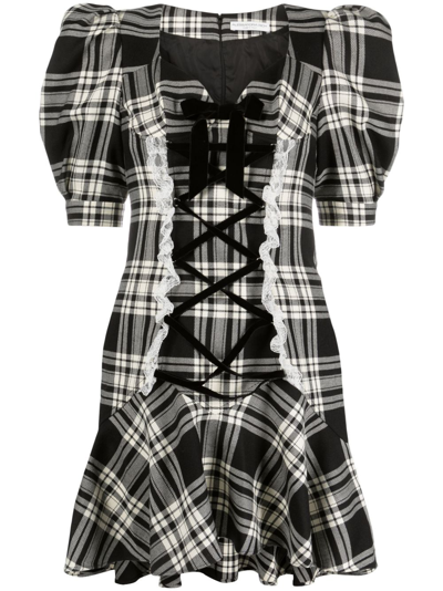 Alessandra Rich Plaid-check Lace-up Dress In White/black