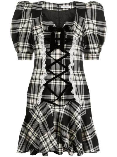 Alessandra Rich Lace-up Checked Wool Minidress In Black