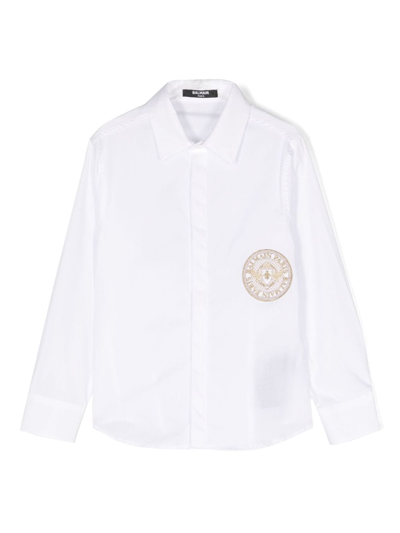 Balmain Kids' Logo-embroidered Cotton Shirt In White
