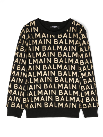 Balmain Kids' Cotton Sweatshirt With Monogram Logo In Brown