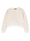 Balmain Ivory Sweater With All-over Golden Logo In Neutrals