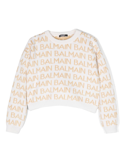 Balmain Kids' Logo Intarsia Wool-blend Sweater In Bianco
