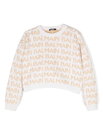 Balmain Kids' Logo Intarsia Wool-blend Jumper In Ivory