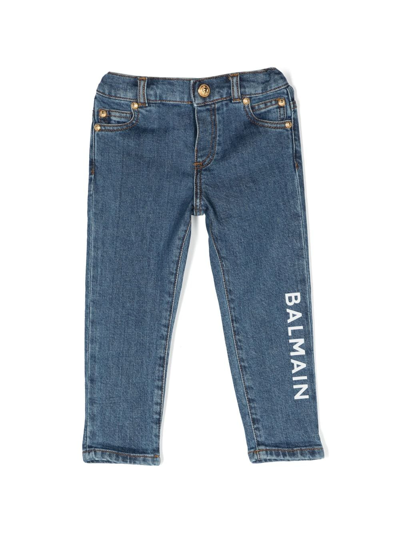 Balmain Babies' Logo-print Elasticated-waist Jeans In Blue