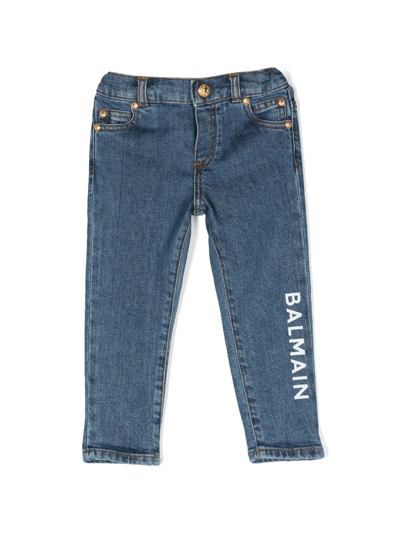 Balmain Babies' Logo印花松紧裤腰牛仔裤 In Blue