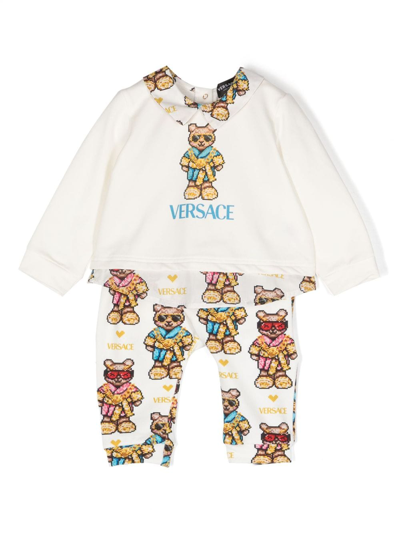 Versace Babies' Pixel Teddy-print Cotton-blend Set In Neutrals