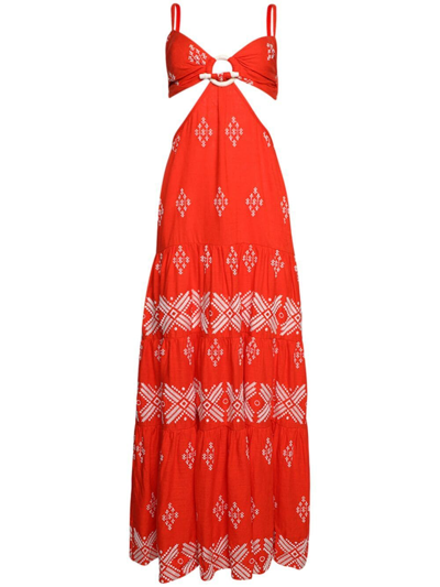 Johanna Ortiz Cotton Maxi Dress In Cross Stitch Red And Ecru