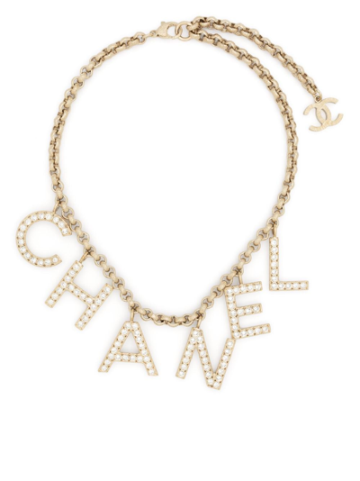 Pre-owned Chanel 2019 Crystal-embellished Logo-lettering Necklace In Gold