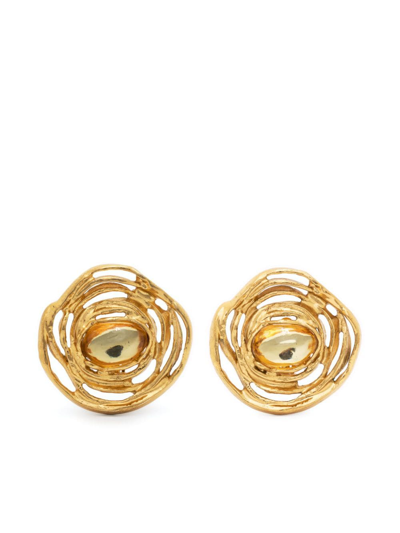 Pre-owned Saint Laurent 1980 Large Floral Clip-on Earrings In Gold