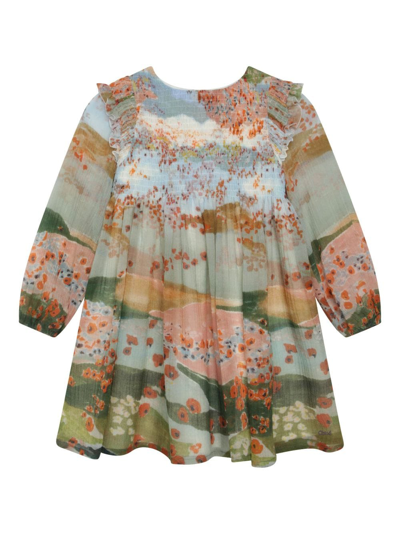 Chloé Kids' Graphic-print Ruffle-detailing Dress In Multicolour