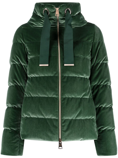 Herno Drawstring Velour Puffer Jacket In Green