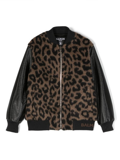 Balmain Kids' Leopard-print Panelled Bomber Jacket In Brown